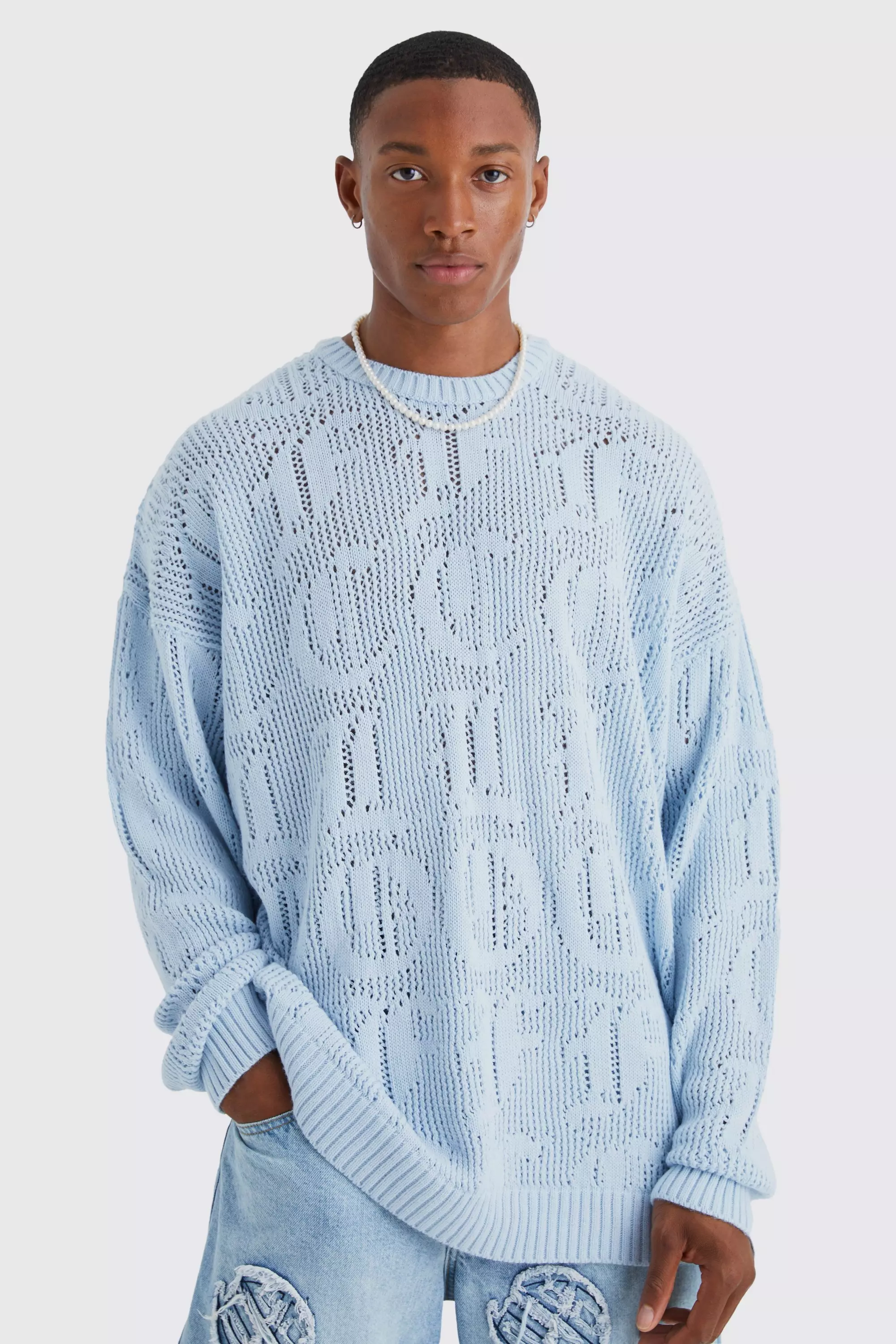 Oversized Ofcl Jaquard Open Knit Sweater | boohooMAN USA